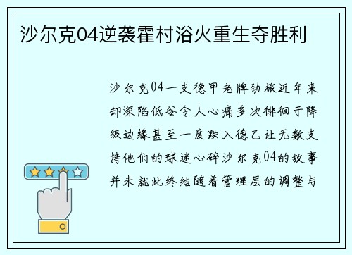 沙尔克04逆袭霍村浴火重生夺胜利